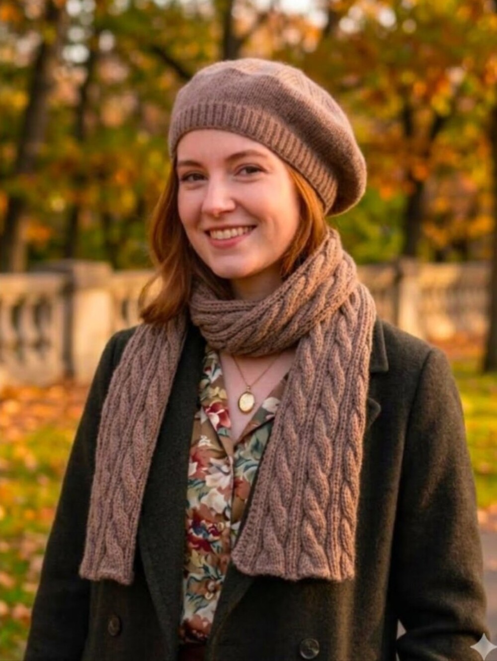 Handmade Café Latte Brown Cable Knit Scarf and Beret Set